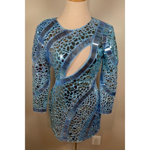 Retrofete Kia Mirror Embellished Mosaic Long Sleeve Blue Atoll Mini Dress Sz M - Picture 6 of 15